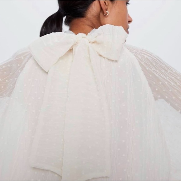 Zara Back Tie Dotted Chiffon Blouse Cream - Picture 10 of 11